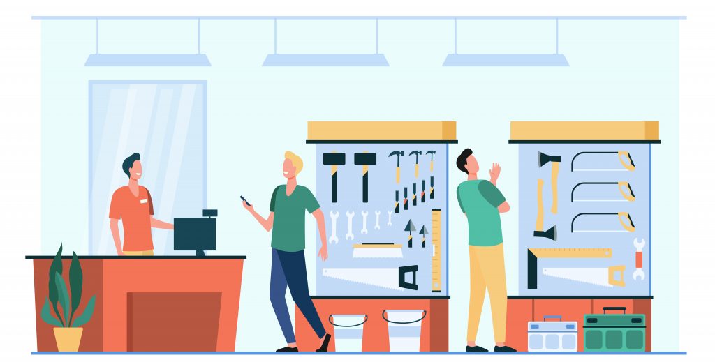 Happy men choosing and buying hardware