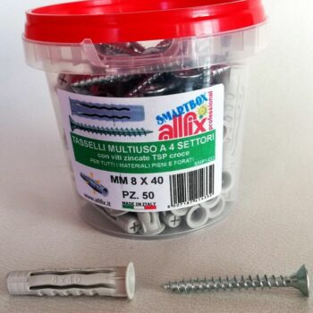 BOX TASSELLI MULTIUSO A 4 SETTORI ALLFIX 8MM 8X40 50PZ VITI ZINCATE + PLASTICA