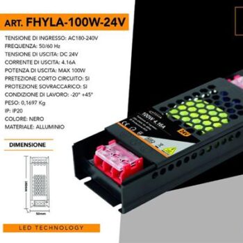 ALIMENTATORE SLIM METALLICO STABILIZZATO SWITCHING TRIMMER 220V-24V 4.16A - 100W